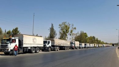 صورة انطلاق قافلة مساعدات إنسانية للهلال الأحمر من دمشق إلى درعا