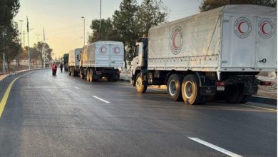 صورة وصول شاحنات محملة بالإغاثة والمواد التجارية إلى السويداء